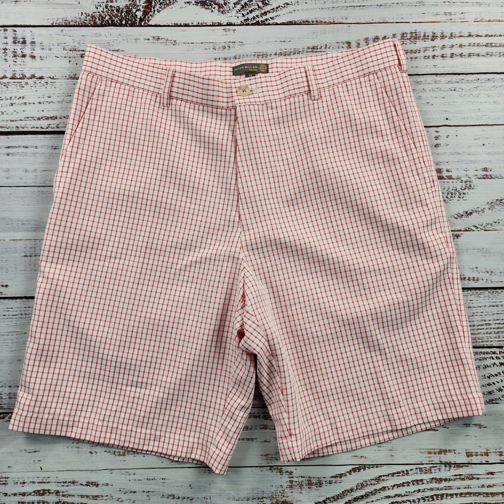 Peter Millar Crown Sport Golf Shorts Mens 33 Red White Check Performance Wicking